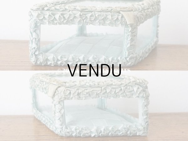 画像10: アンティーク リボンワークのジュエリーボックス スモーキーブルー ガラスケース (10)