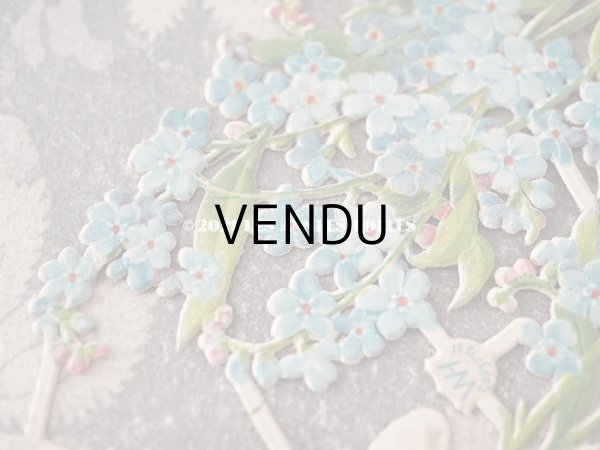 画像3: 1900年代 アンティーク ダイカットクロモ　リボンが結ばれた勿忘草の大きなブーケ　2ピースのセット (3)