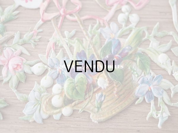 画像8: 1900年代 アンティーク ダイカットクロモ　薔薇&菫＆鈴蘭＆勿忘草の花かご　9ピースのセット (8)