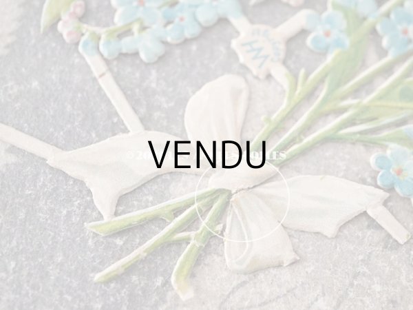 画像6: 1900年代 アンティーク ダイカットクロモ　リボンが結ばれた勿忘草の大きなブーケ　2ピースのセット (6)