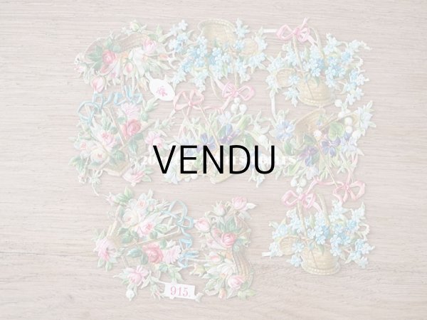 画像3: 1900年代 アンティーク ダイカットクロモ　薔薇&菫＆鈴蘭＆勿忘草の花かご　9ピースのセット (3)