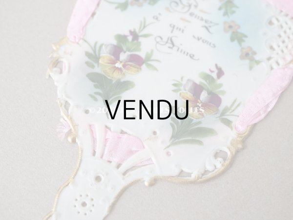 画像4: 1900年代 アンティーク  ファン型 　パンジーのセルロイド製カード　 ロカイユ装飾 (4)