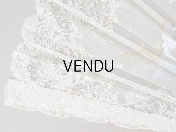 画像9: 1900年代 アンティーク  箱入り　天使の大きなファン シャンティイレース＆マザーオブパール (9)