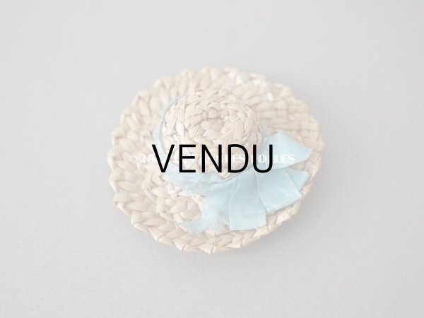 画像4: アンティーク ミニョネット用 とても小さなストローハット ブルーのシルクリボン ドール用 (4)