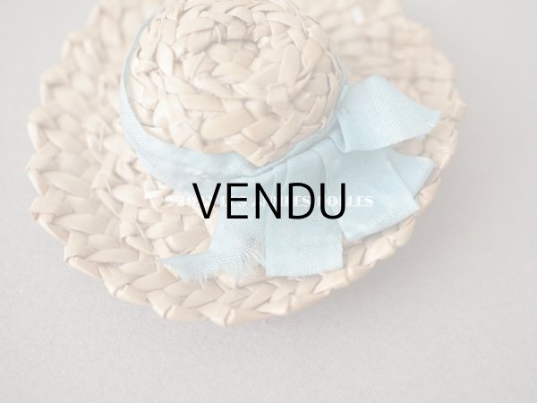 画像5: アンティーク ミニョネット用 とても小さなストローハット ブルーのシルクリボン ドール用 (5)