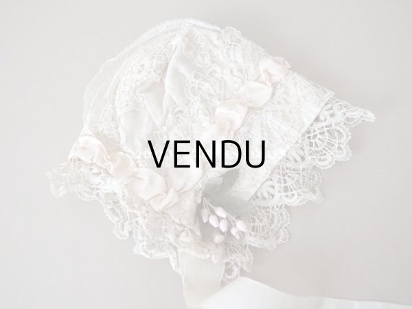 画像6: アンティーク ベビー用　ボネ　手編みのレース＆ベビーピンクのシルクリボン (6)