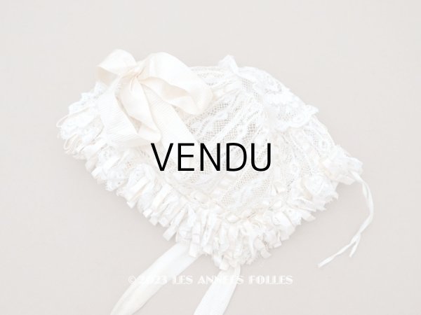 画像1: ＊蚤の市＊アンティーク バテム用 レースのボネ パウダーピンクのリボン ベビー用ボネ (1)