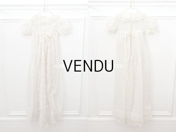 画像3: アンティーク 洗礼式のベビードレス パフスリーブ 手刺繍の花模様＆レース＆オレンジベージュのリボン (3)