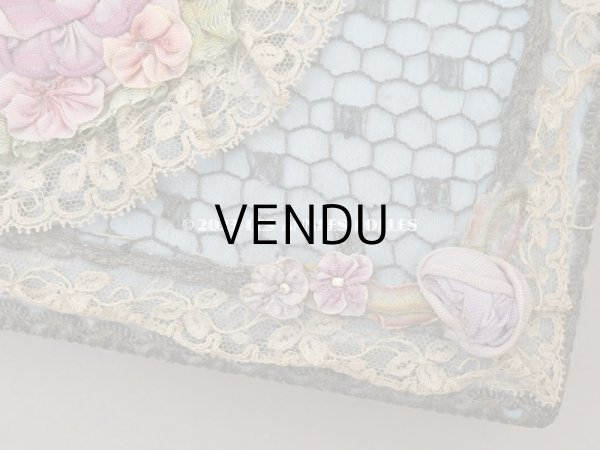 画像8: アンティーク シルク製 ロココモチーフ＆レースのカルトナージュボックス グレイッシュブルー (8)