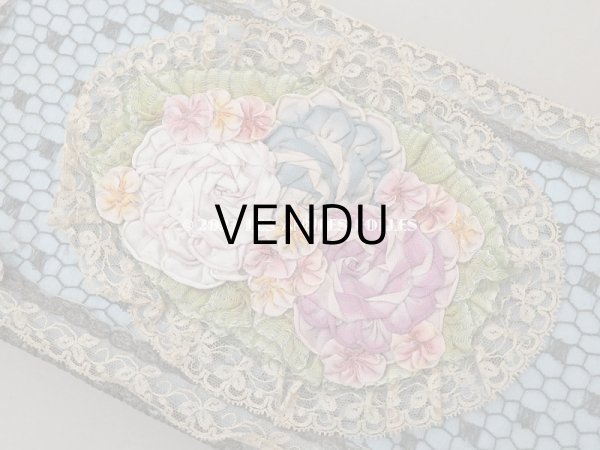 画像4: アンティーク シルク製 ロココモチーフ＆レースのカルトナージュボックス グレイッシュブルー (4)