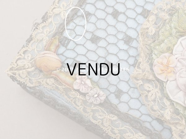 画像6: アンティーク シルク製 ロココモチーフ＆レースのカルトナージュボックス グレイッシュブルー (6)