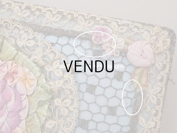 画像7: アンティーク シルク製 ロココモチーフ＆レースのカルトナージュボックス グレイッシュブルー (7)