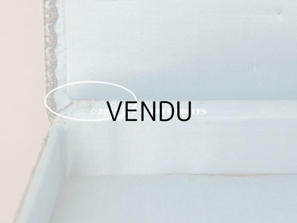 画像13: アンティーク シルク製 ロココモチーフ＆レースのカルトナージュボックス グレイッシュブルー (13)