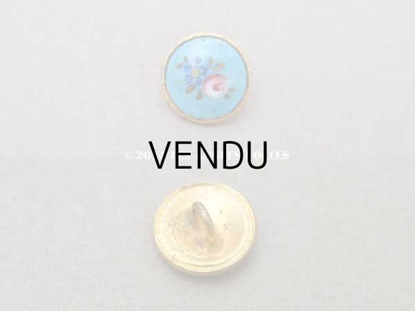 画像2: アンティーク 小さなエナメルボタン 薔薇＆勿忘草 ハンドペイント 10mm ブルー (2)