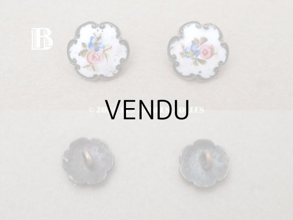 画像3: 19世紀末 アンティーク エナメルボタン 薔薇&勿忘草 2ピースのセット ハンドペイント ピンク＆ブルー 11mm (3)