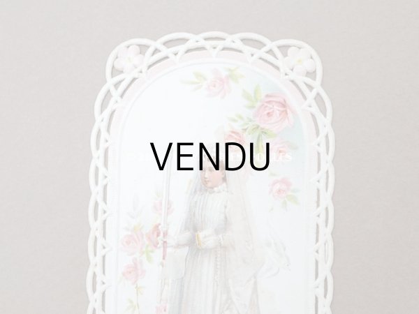 画像2: アンティーク 初聖体のカニヴェ 透かし柄 ピンクの薔薇 (2)