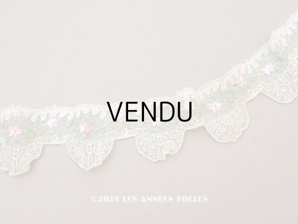 画像1: 1930年頃 アンティーク レース ピンクの花の刺繍入り 95cm (1)