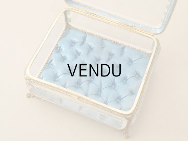 画像4: 19世紀中頃 アンティーク 大きなジュエリーケース スモーキーブルーのシルククッション 20.2×17.5cm (4)