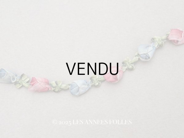 画像1: アンティーク シルク製 薔薇のロココトリム 37cm ローズピンク＆スモーキーブルー ロココリボン  (1)
