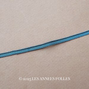画像: 未使用 アンティーク 極細3mm シルク製 リボン ストライプ ブルー&ブラック