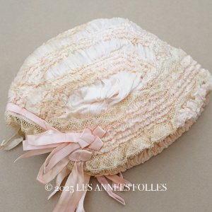 画像: アンティーク シルク製 ボネ レース&フリル パウダーピンク ベビー用ボネ