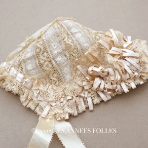 画像: アンティーク バテム用 ボネ グレイッシュピンクのシルクサテンリボン＆レース ベビー用ボネ