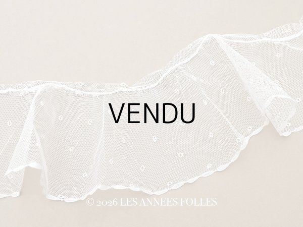 画像1: アンティーク 幅広 フリルレース 2.45m オフホワイト ドット刺繍入り チュールレース  幅11.5cm  (1)