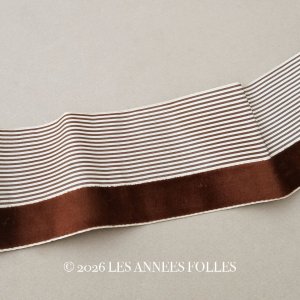 画像: 1900年頃 アンティーク シルク製 リボン ストライプ ブラウンのベルベット  2.4m