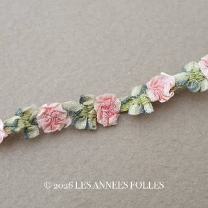 画像: アンティーク シルク製 薔薇のロココトリム ピンク ロココリボン 28cm
