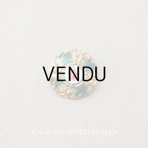 画像: アンティーク エナメルボタン 薔薇 ハンドペイント グリーン & ゴールドレリーフ 13mm