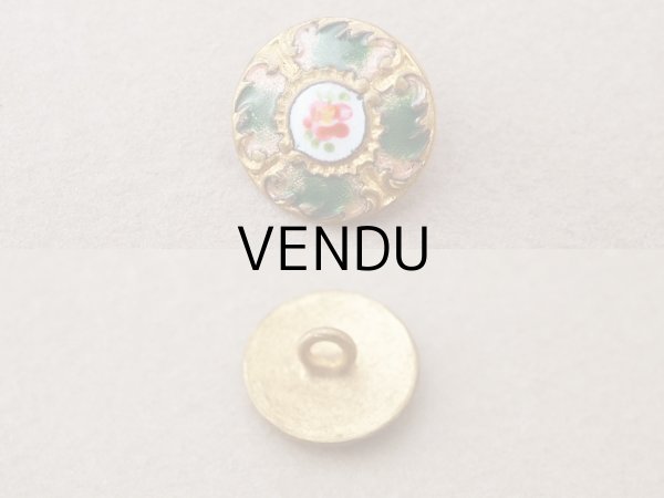 画像2: アンティーク エナメルボタン 薔薇 ハンドペイント グリーン & ゴールドレリーフ 13mm (2)