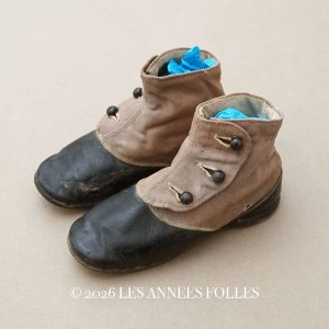 画像: 1900年頃 アンティーク ボタンアップ ベビーシューズ  レザー＆コットン製 ココアブラウン＆ブラック