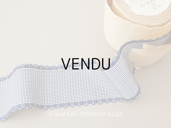 画像1: ＊蚤の市＊アンティーク 幅広 ピコットリボン 5.6m ブルー＆オフホワイト 格子柄  7cm幅 PON 217 N 16 (1)