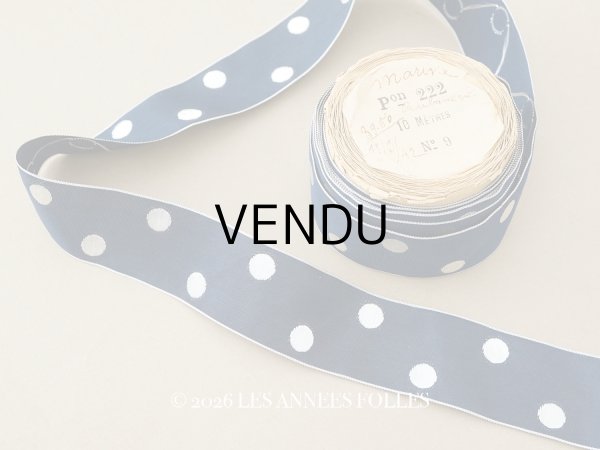 画像1: アンティーク ドット刺繍入りグログランリボン 7.1m 3.6cm幅 ネイビーブルー & ホワイト PON 222 N 9 (1)