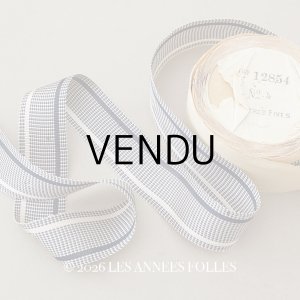 画像: ＊蚤の市＊アンティーク ブルー＆オフホワイトの格子柄 ジャガード織 リボン 4.3m 3cm幅