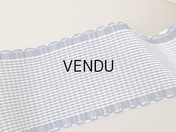 画像2: ＊蚤の市＊アンティーク 幅広 ピコットリボン 5.6m ブルー＆オフホワイト 格子柄  7cm幅 PON 217 N 16 (2)