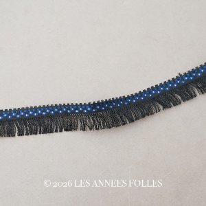 画像: 19世紀末 アンティーク シルク製 フリンジ付 トリム 黒＆青＆シルバーグレイ 2.3cm幅