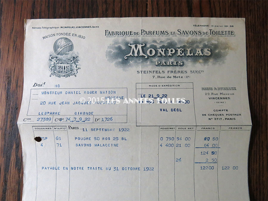 画像3: 1922年 アンティーク パフュームリーの納品書  - MONPELAS PARIS - (3)