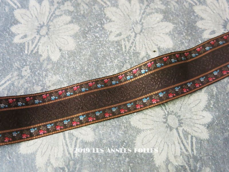 画像1: 未使用 19世紀 アンティーク シルク製 ジャガード織リボン ブラウン 98cm (1)