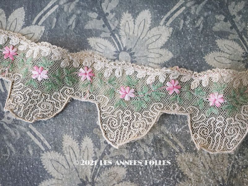 蚤の市＊1930年代 アンティーク レース ピンクの花の刺繍入り 約95cm ...