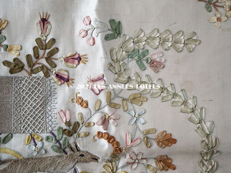 18世紀末 アンティーク ロココ調 シルク製 大きなパネル リボン刺繍 