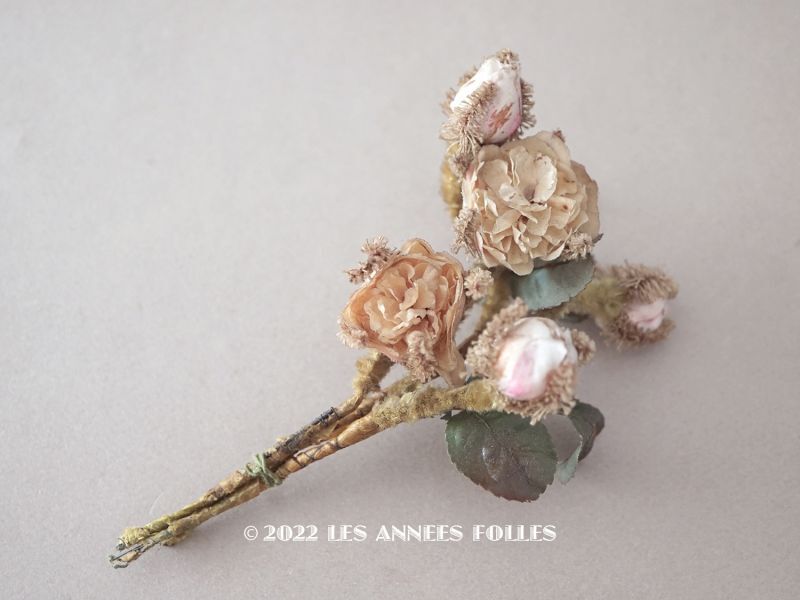 画像1: 19世紀 ナポレオン3世時代 アンティーク 薔薇のブーケの布花 パウダーピンク (1)