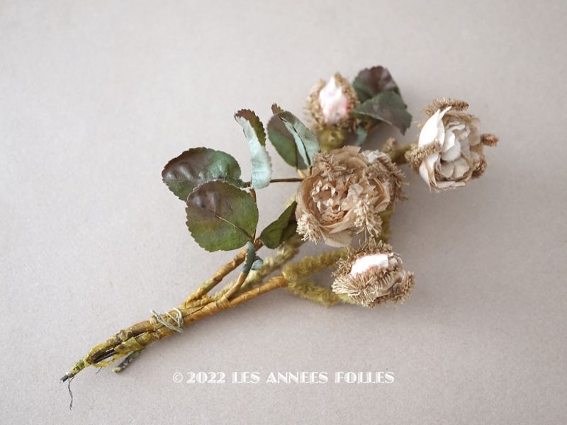 画像1: 19世紀　ナポレオン3世時代 アンティーク 薔薇のブーケの布花　パウダーピンク (1)