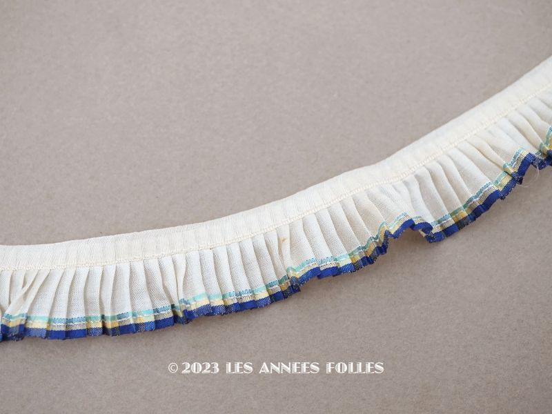 画像1: アンティーク シルク製　プリーツリボン ブルー＆イエローのライン入り 2cm幅  (1)