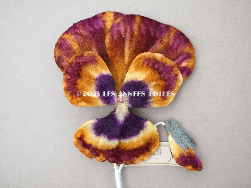 画像2: 1900年頃 未使用　アンティーク 大きなパンジーの布花 ラベル付 淡いオレンジ＆深紫 (2)