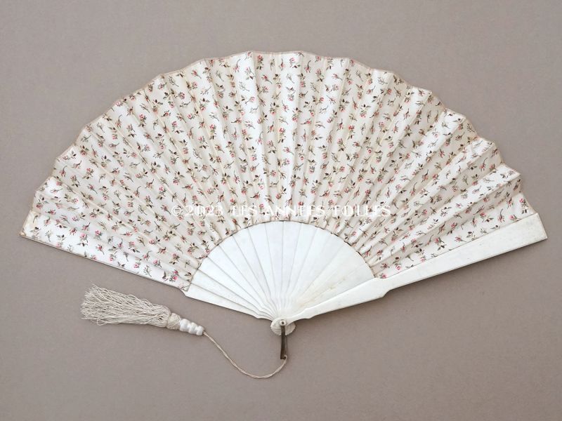 画像2: 1900年頃 アンティーク ファン ピンクの薔薇模様　シルク＆ボーン製 (2)