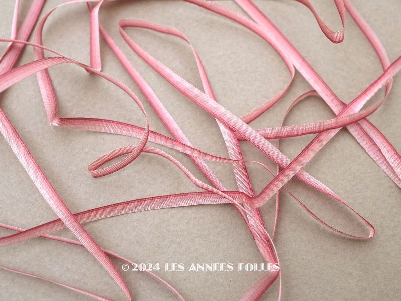 画像1: アンティーク  リボン刺繍 & ロココトリム用 シルク製 リボン 3.3m 3mm幅 ピンク&ボルドー (1)