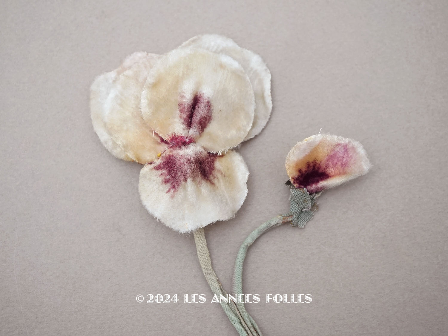 画像1: 1900年頃 アンティーク パンジーの布花 ホワイトベージュ＆深紫 (1)