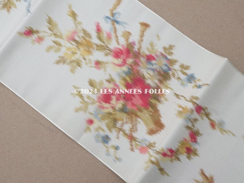 画像2: 19世紀 アンティーク シルク製  ほぐし織り 薔薇の花かご 幅広リボン 118cm (2)