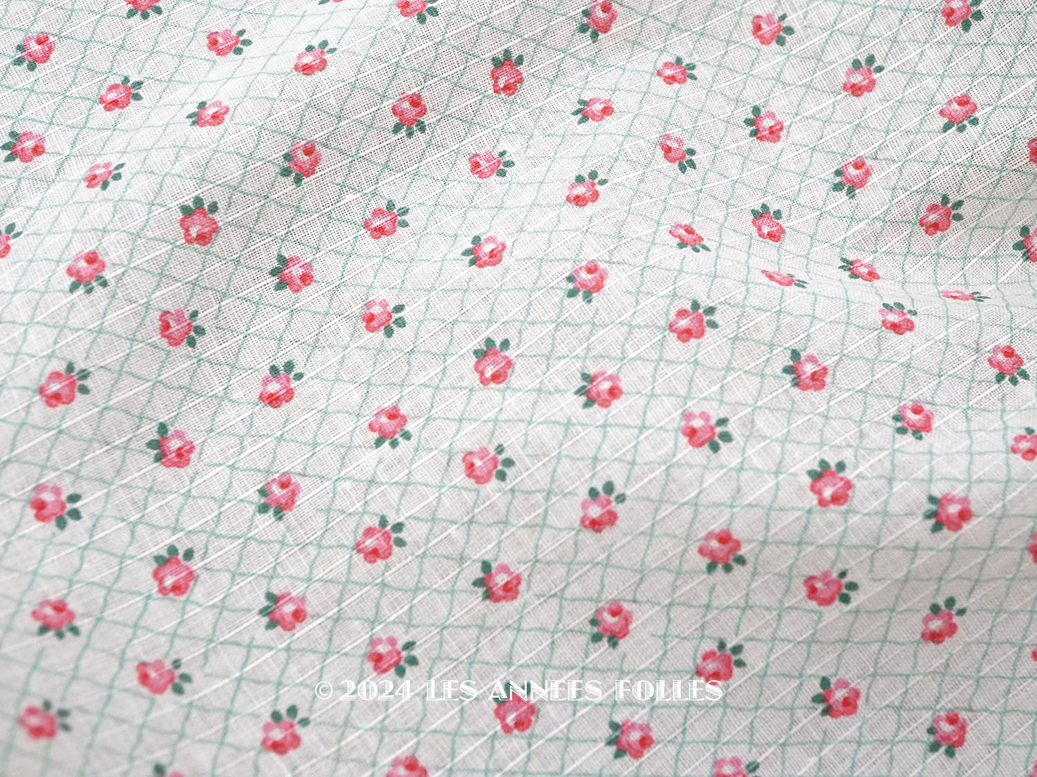 画像1: 未使用 アンティーク 小さな薔薇模様 薄手のコットンファブリック 70cm幅 淡いグリーンの格子柄 (1)